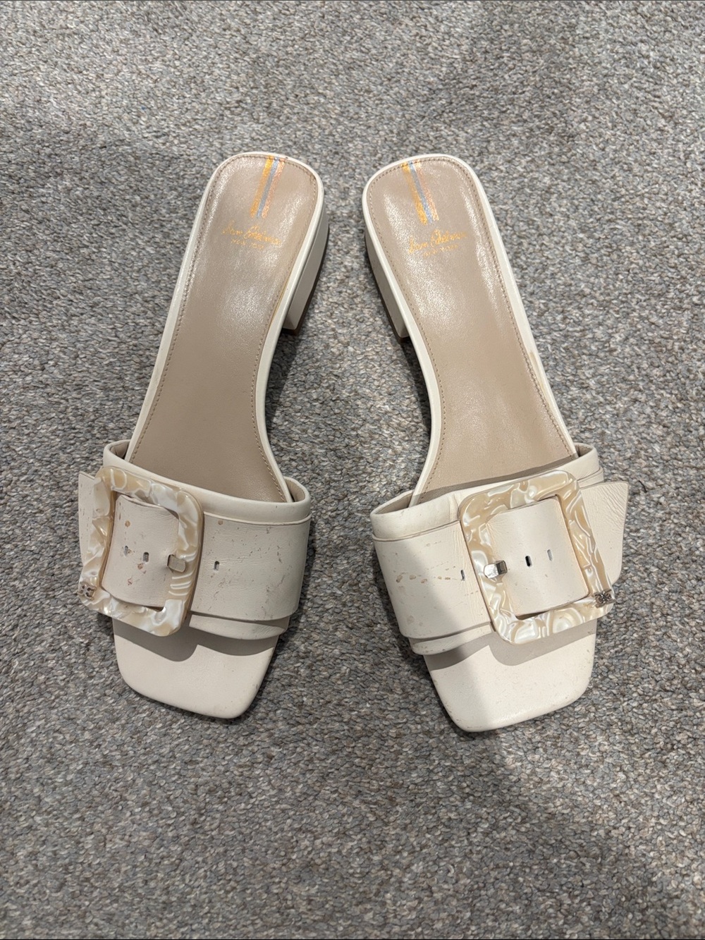 Sam Edelman Cream Slide Mules with Marbled Buckle